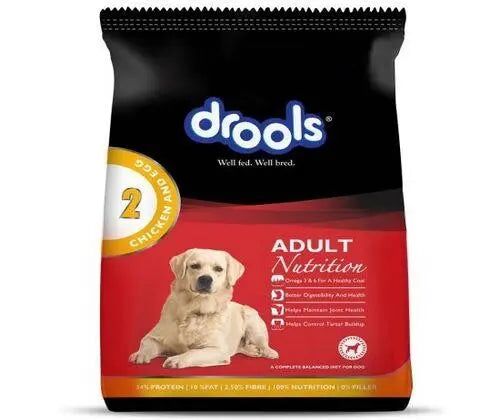 Drools Adult Dog Food Chicken and Egg, front-facing black and red bag with a golden dog and yellow chicken-and-egg badge