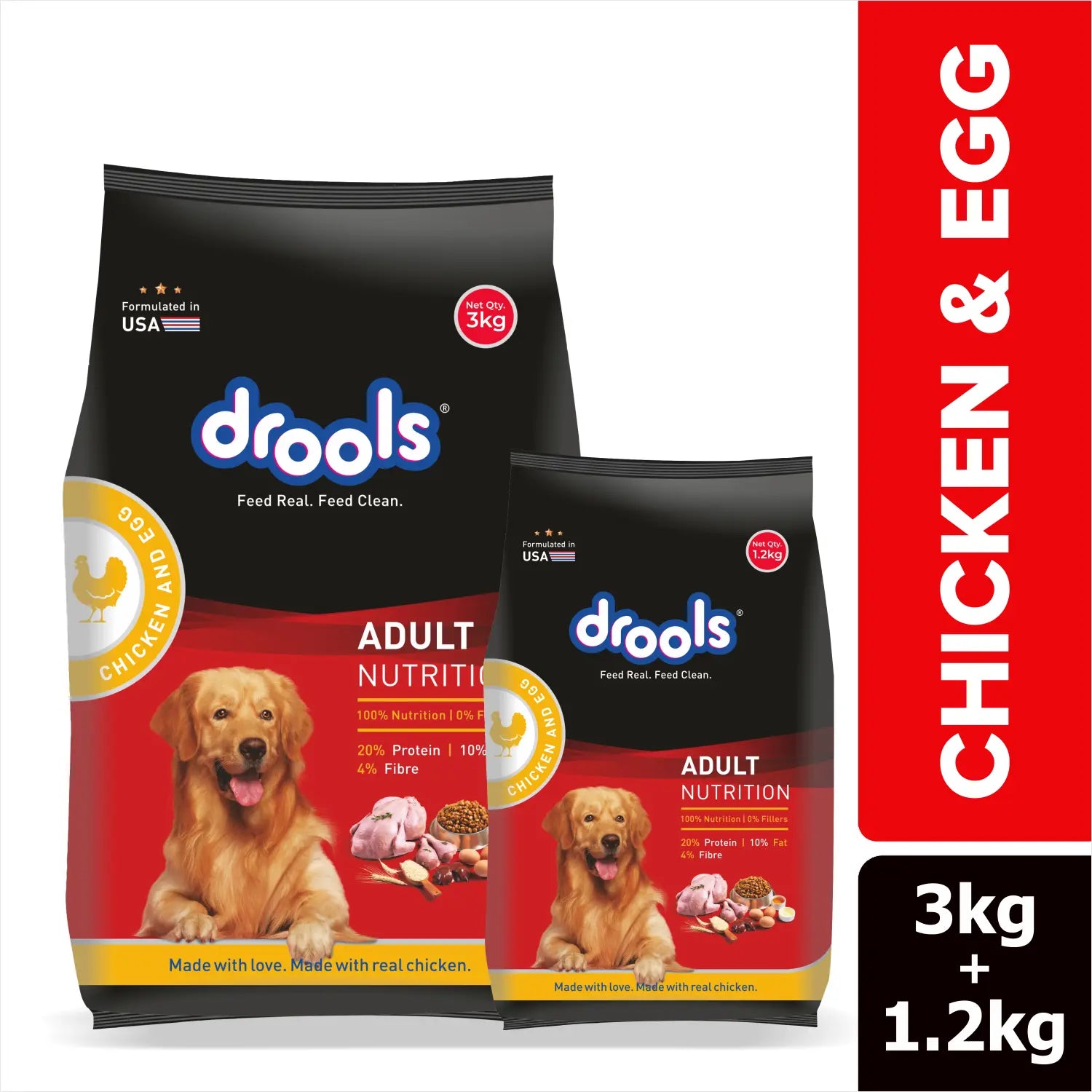 Drools Chicken and Egg Adult Dog Food - 3kg + Free 1.2kg