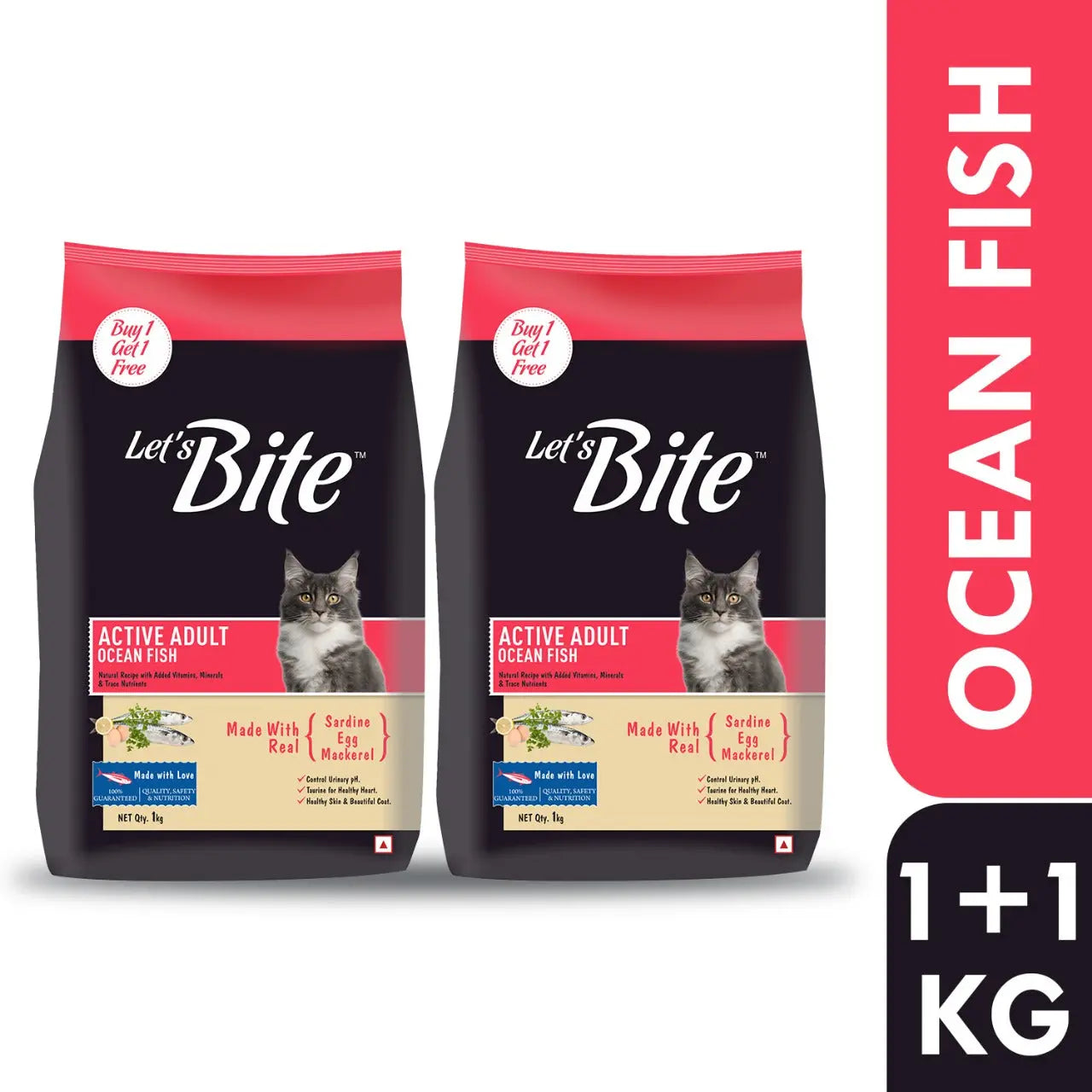Let's Bite Active Adult Ocean Fish Dry Cat Food - 2 kg (1 kg × 2)